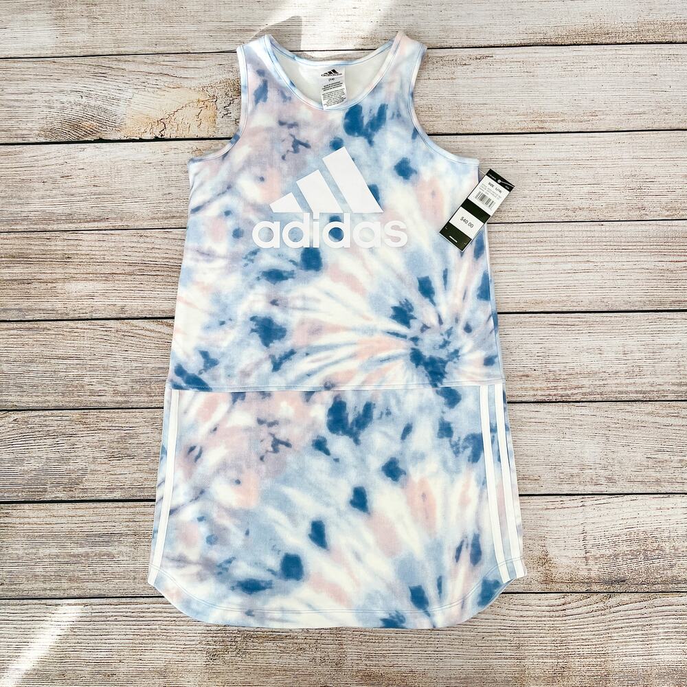 NWT Adidas Girls L 14 Tie Dye Tank Dress Blue Pink 3 Stripes AZ4611